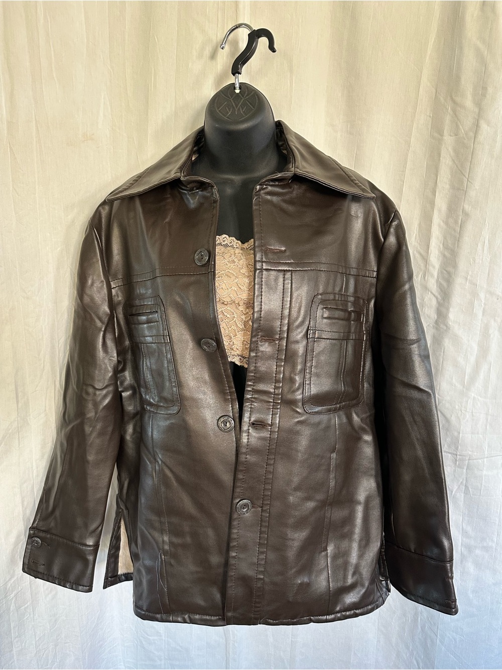 Men's Dark Brown Leather Button-Up Shirt Jacket